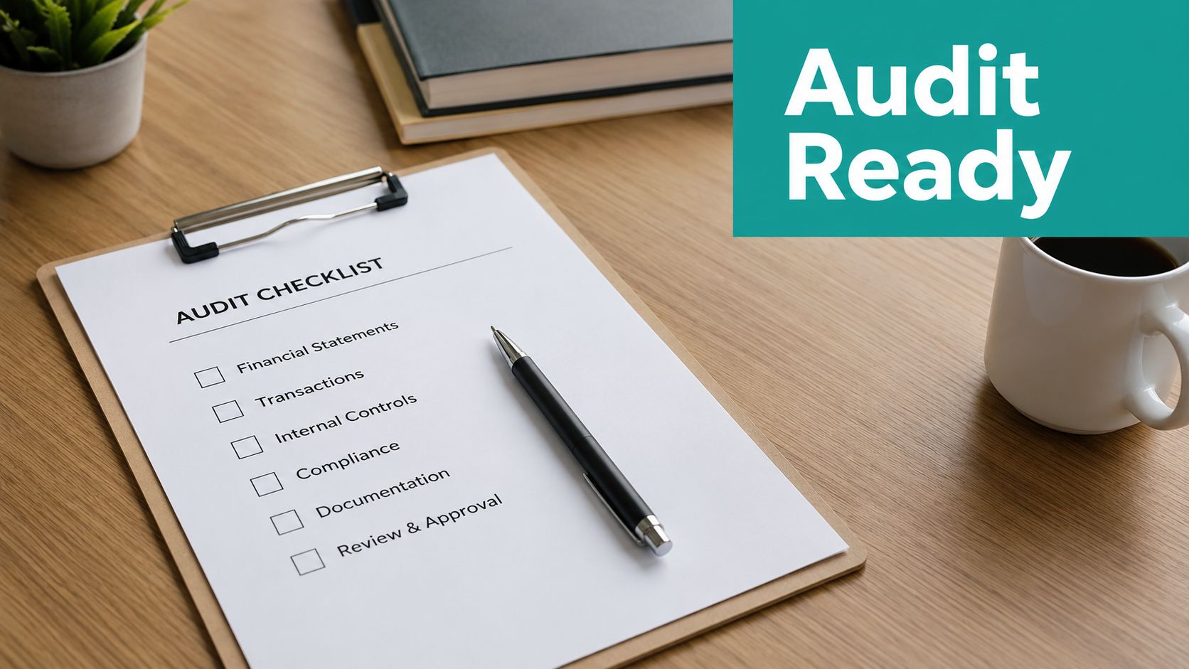 A clipboard with an audit checklist on a wooden desk with a pen, coffee mug, and notebooks.