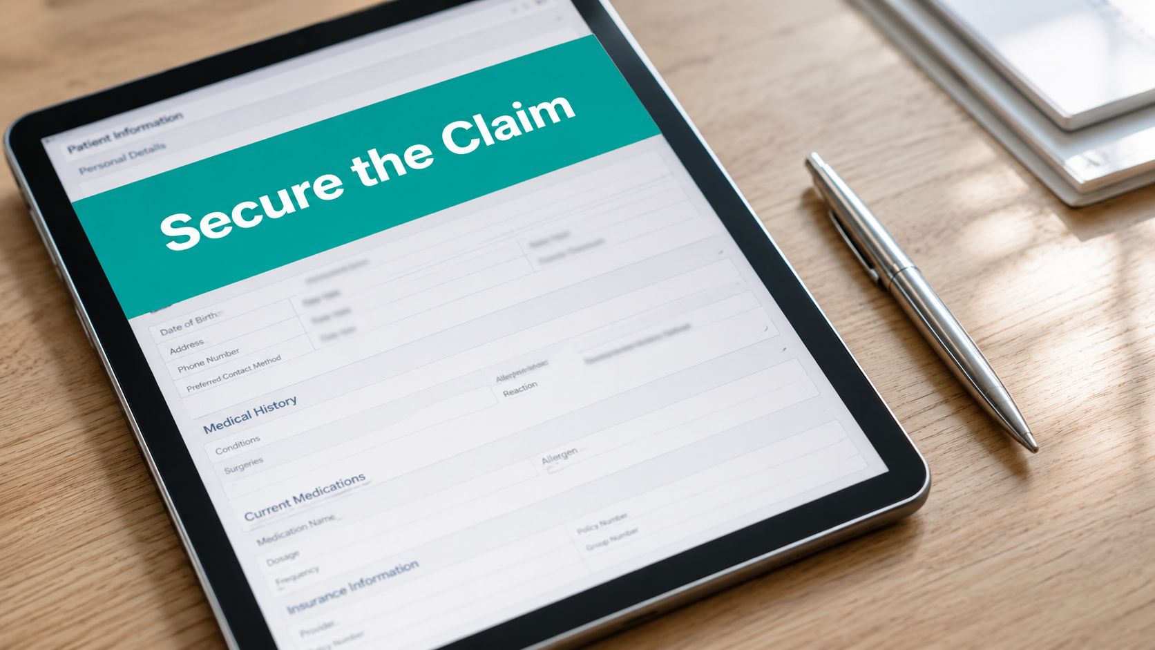 A digital tablet displaying a secure patient insurance claim form on a wooden desk with a pen.