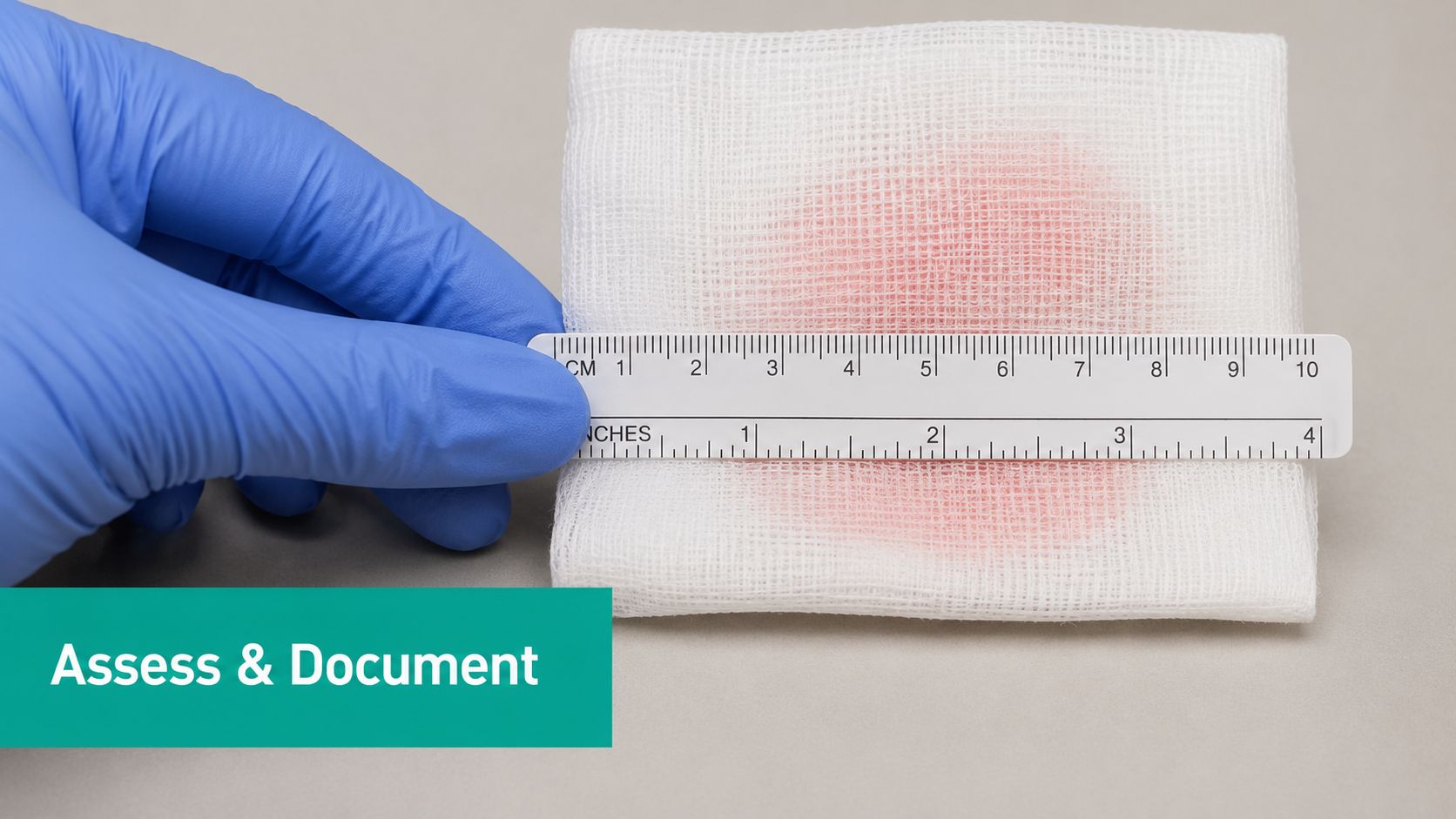 A gloved hand holding a ruler to measure a circular serosanguineous drainage spot on a gauze pad.