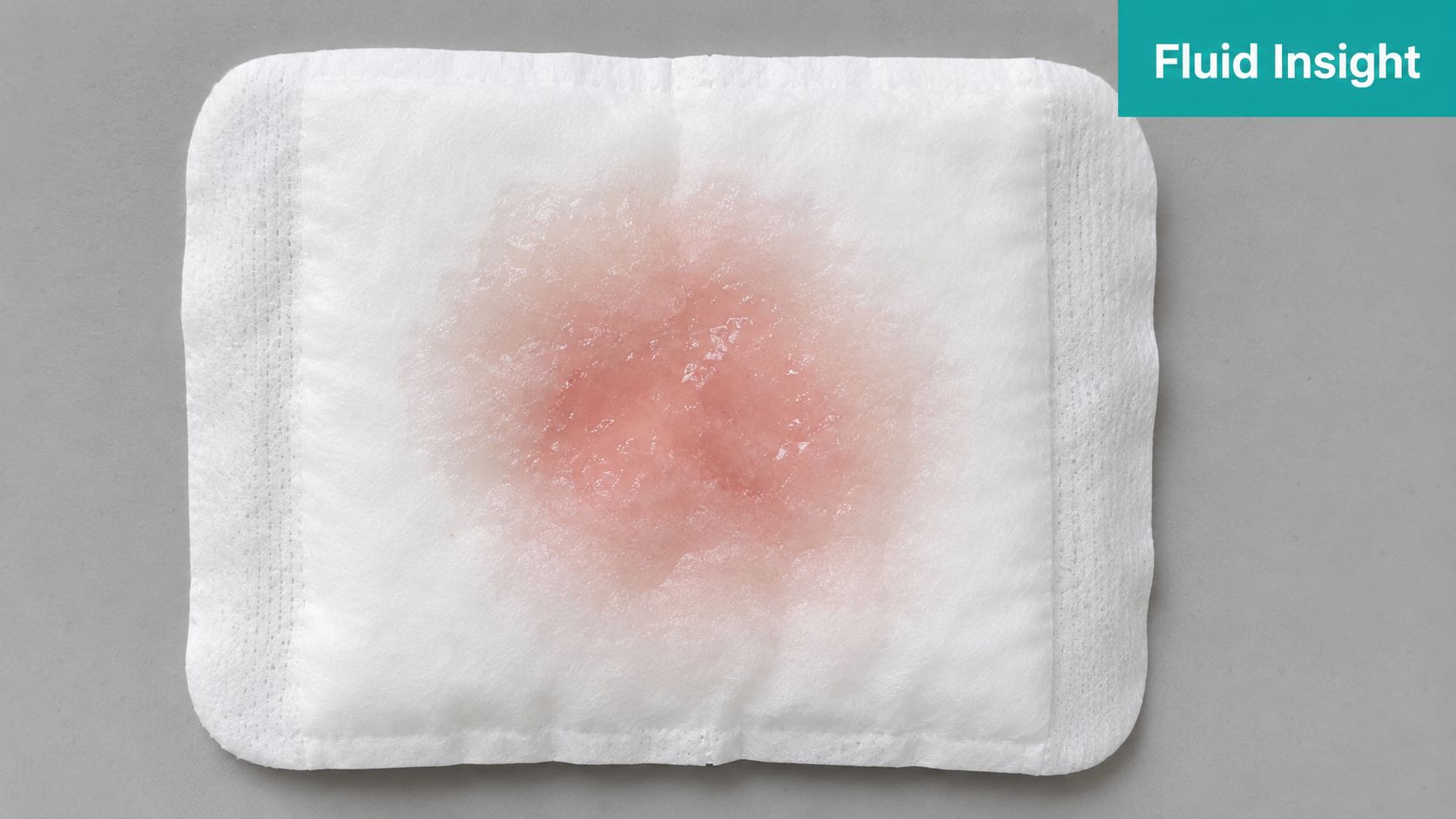 A close-up view of a medical absorbent pad showing a circular patch of pink serosanguineous wound drainage.