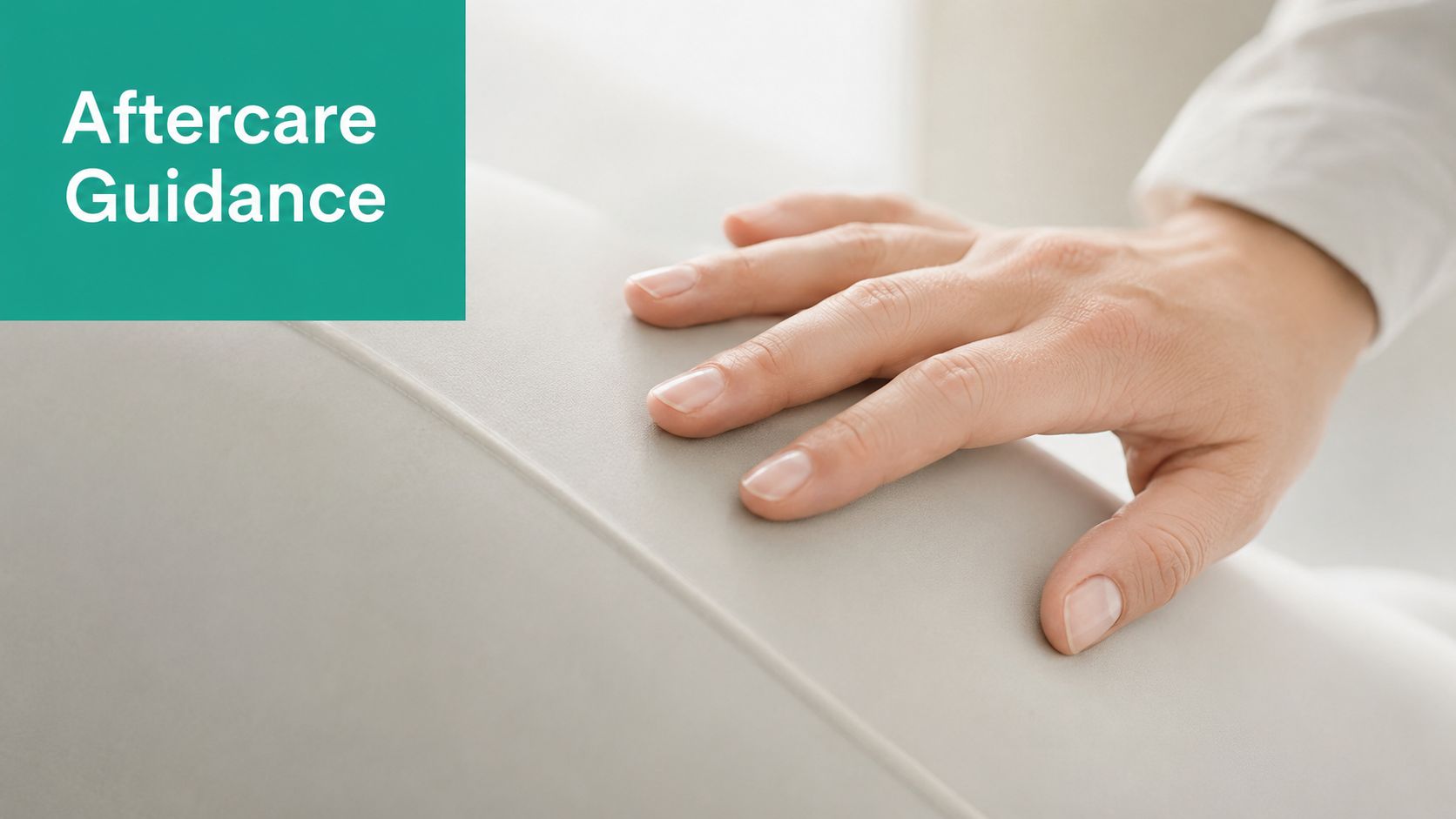 A close-up view of a person's hand resting gently on a smooth, clean medical examination table surface.