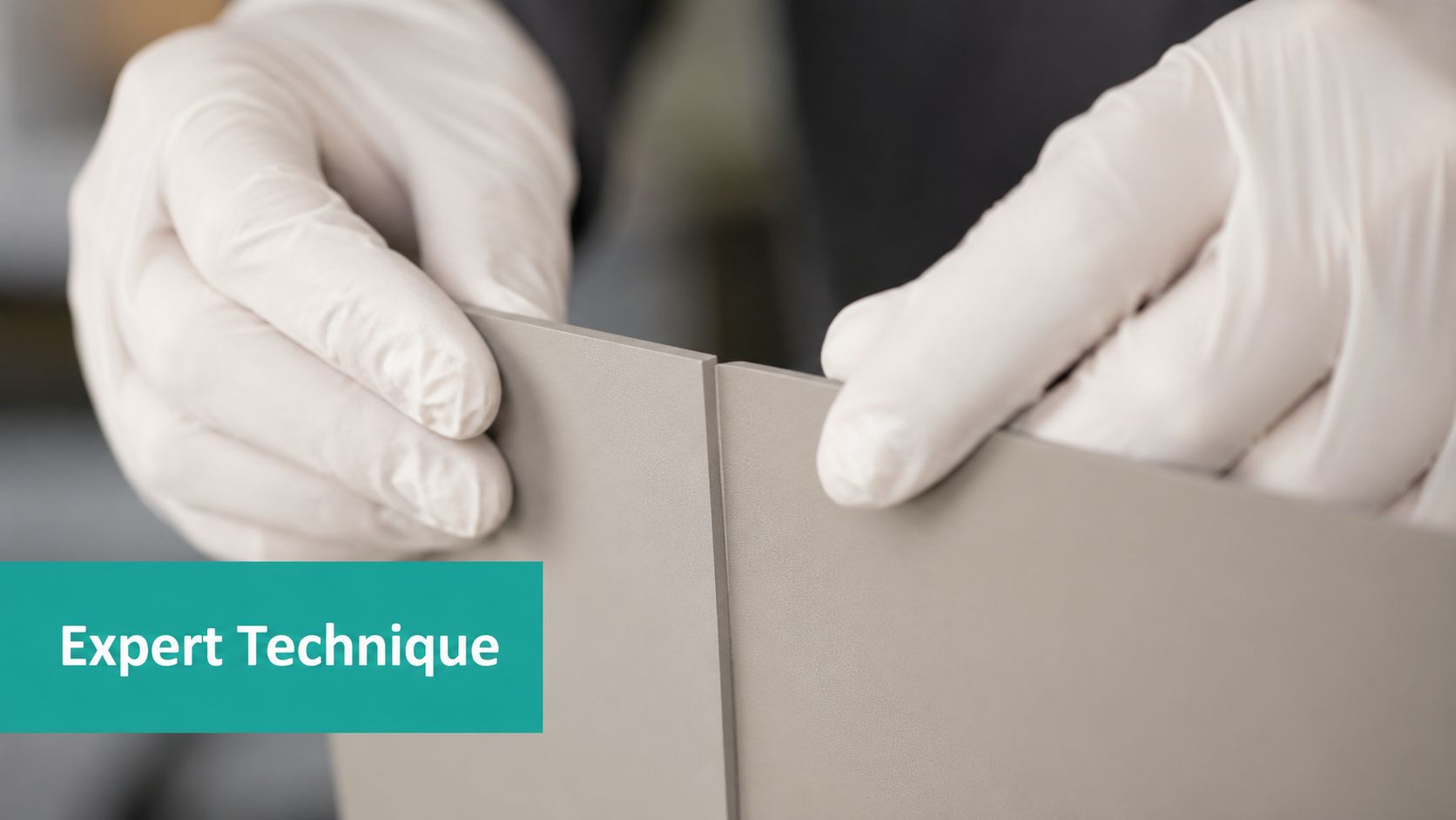 A professional wearing sterile medical gloves precisely aligning two smooth gray panels for an expert installation technique.