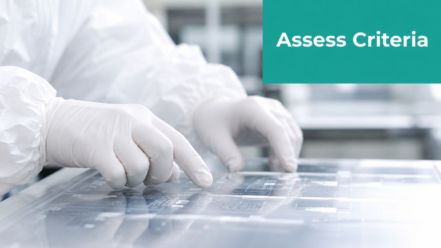 A scientist in a cleanroom suit and gloves examines a detailed technical blueprint on a glass table.
