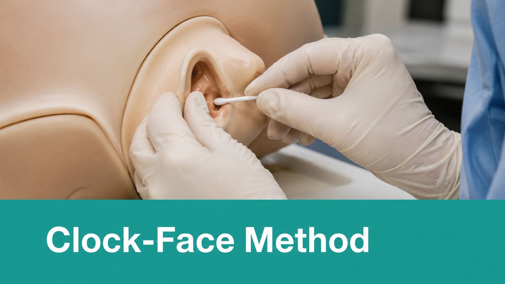 A healthcare professional using a cotton swab to clean or examine a simulated ear medical model.