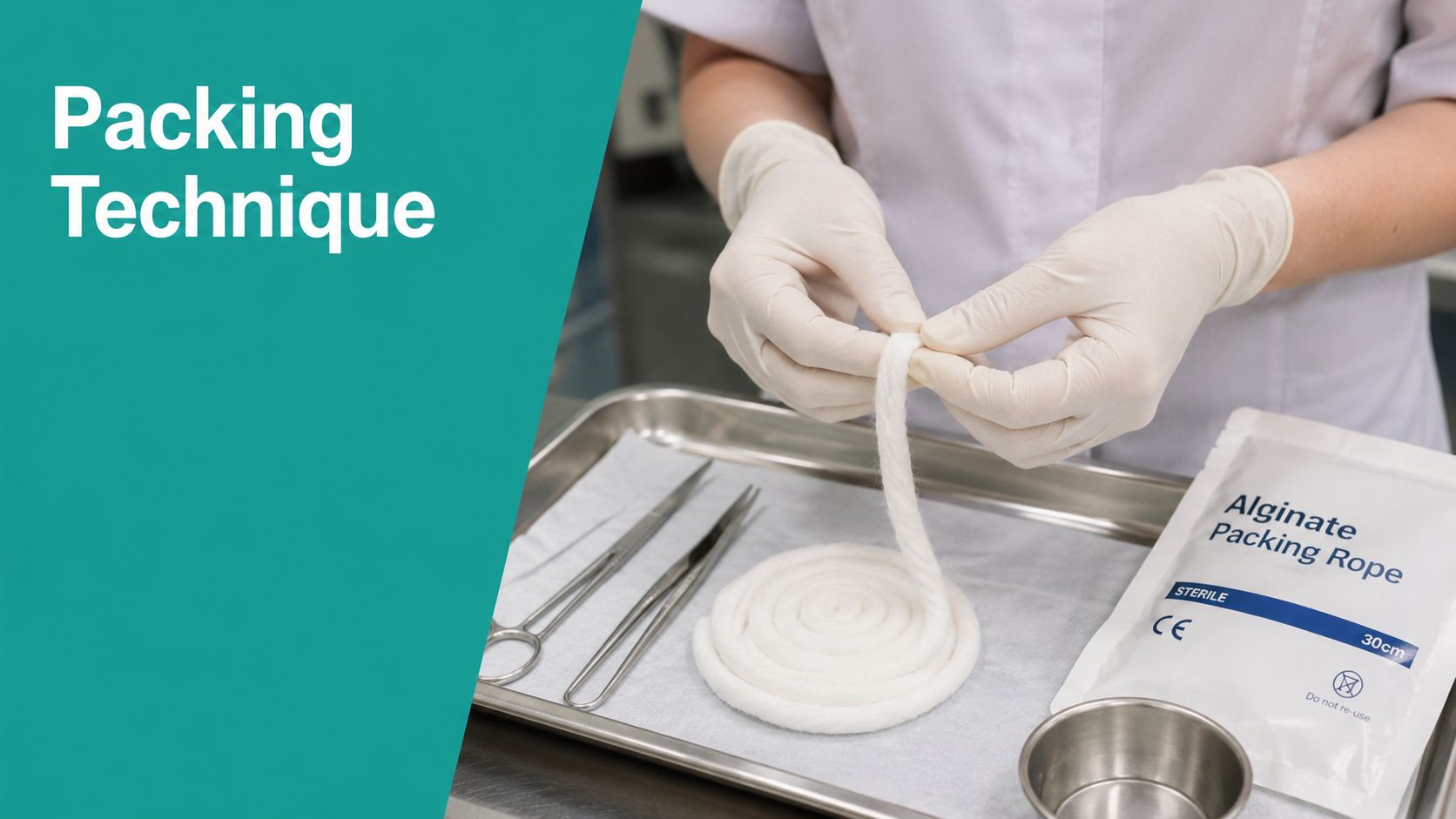 A healthcare professional wearing sterile gloves prepares an alginate packing rope for treating a tunneling wound.