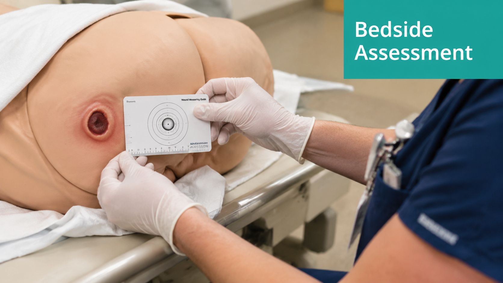 A healthcare professional using a measurement guide to assess a pressure ulcer on a medical simulation mannequin.