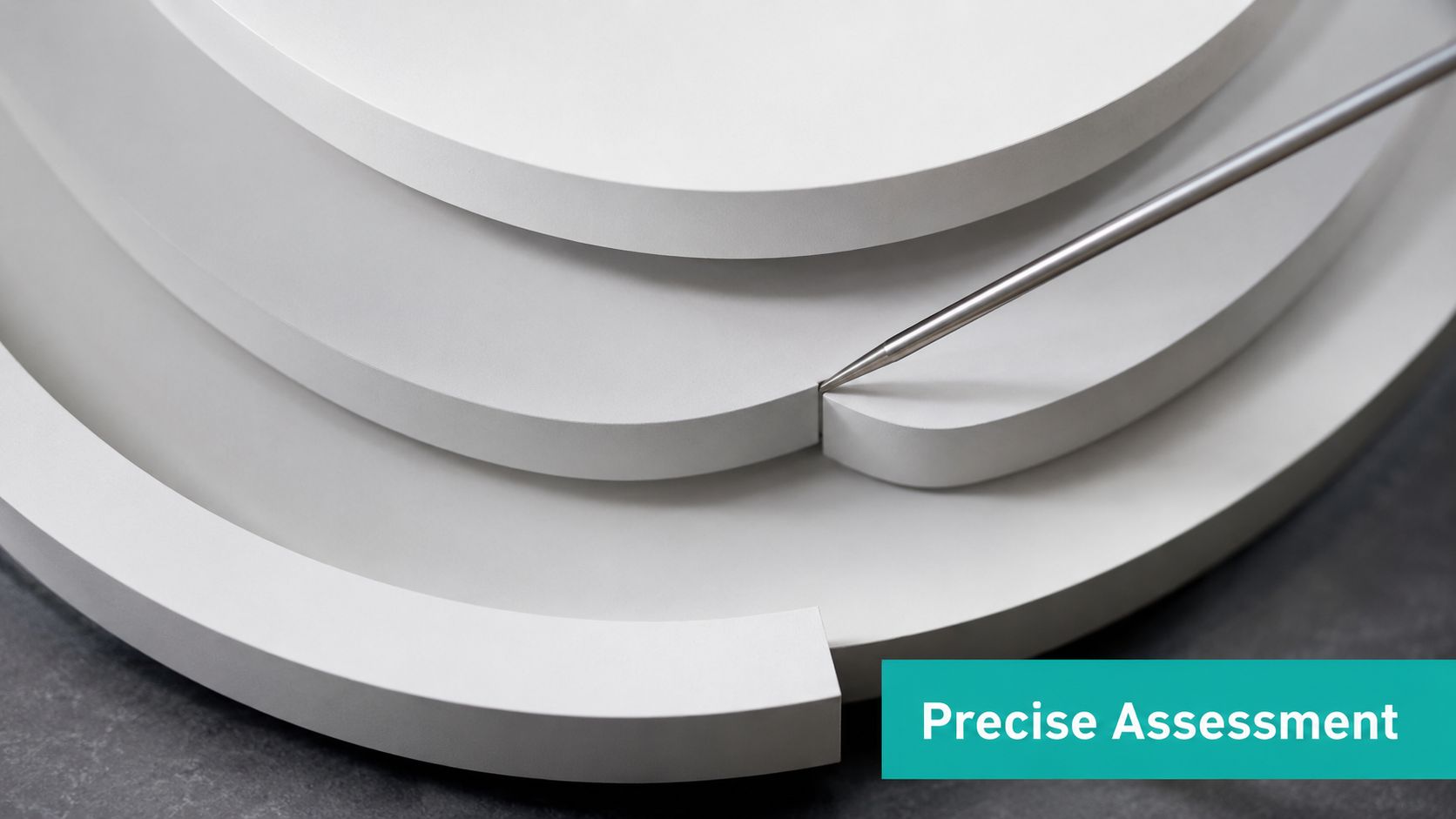A metallic probe examining a layered white circular surface representing a medical assessment.