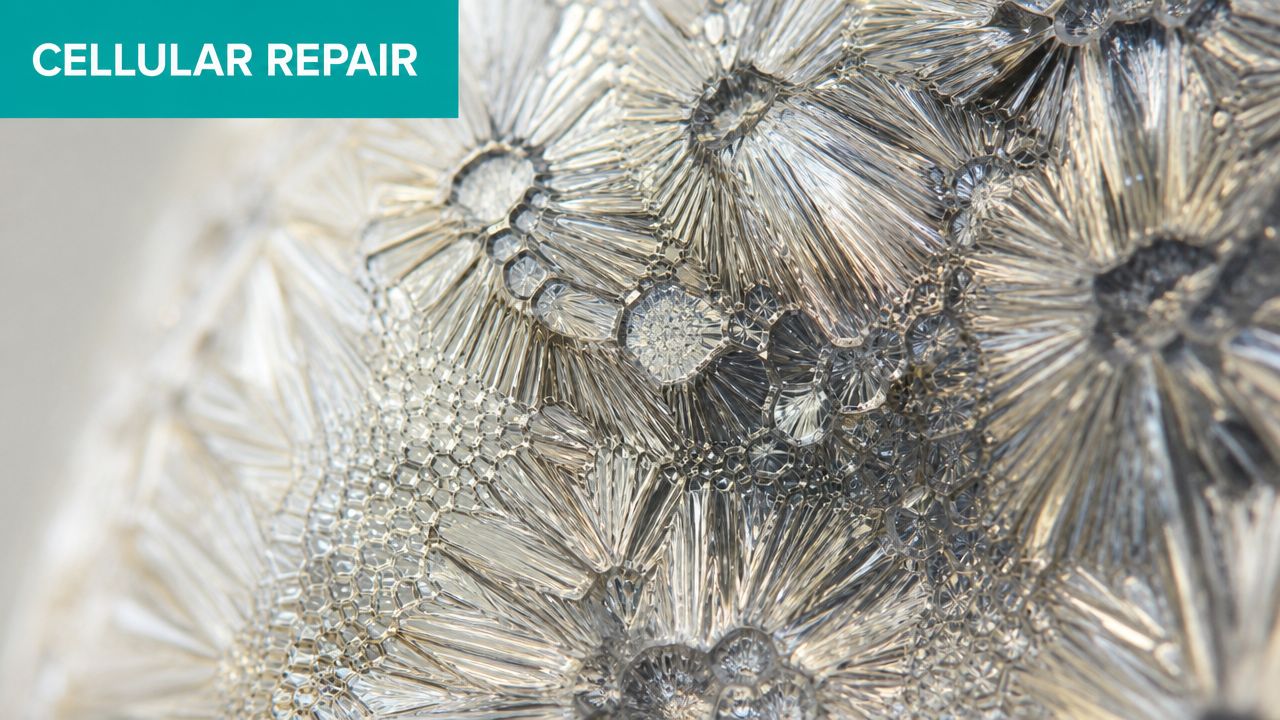 A microscopic view of crystalline structures symbolizing cellular repair and regenerative biological processes for skin health.