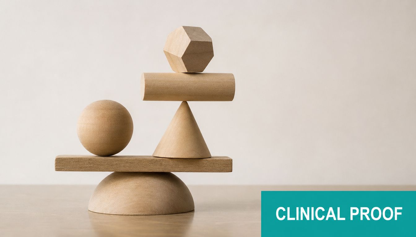 A stack of various wooden geometric shapes balancing on a table against a light background.