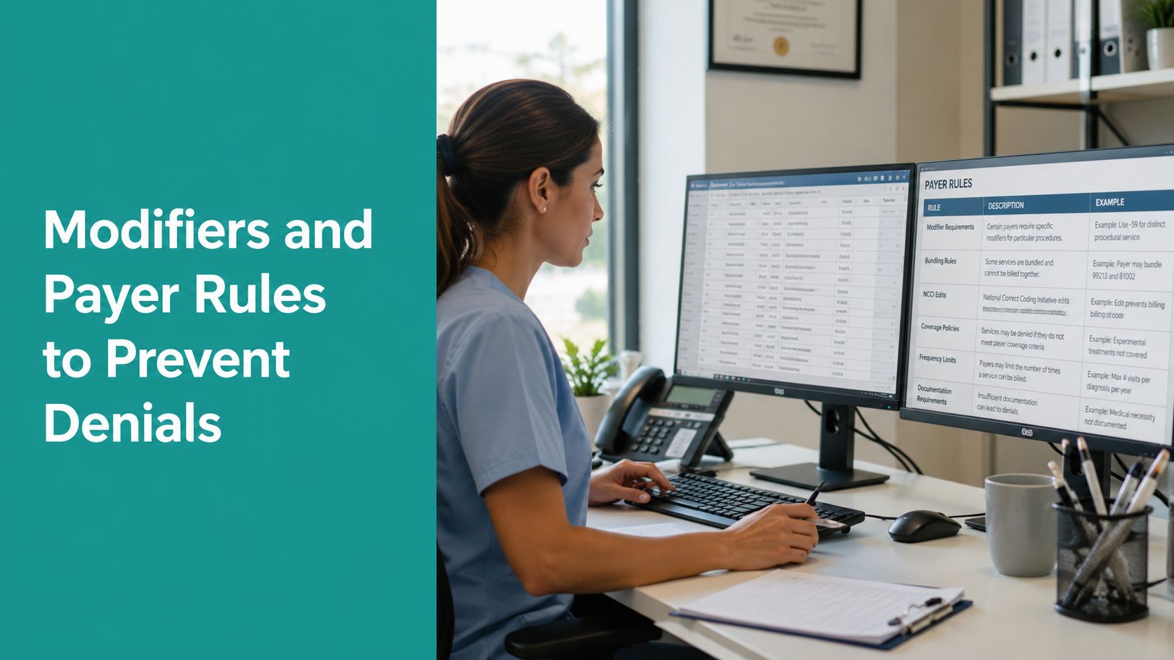 A healthcare professional working at a computer reviewing medical billing rules to prevent claim denials.