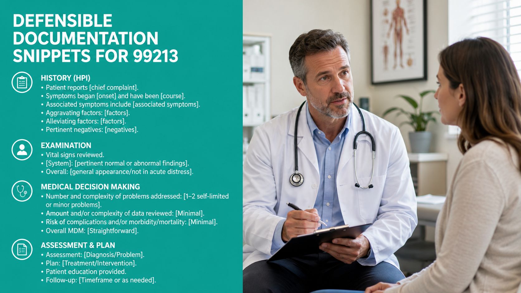 A doctor taking notes during a consultation with a patient, displayed alongside a guide for CPT code 99213.