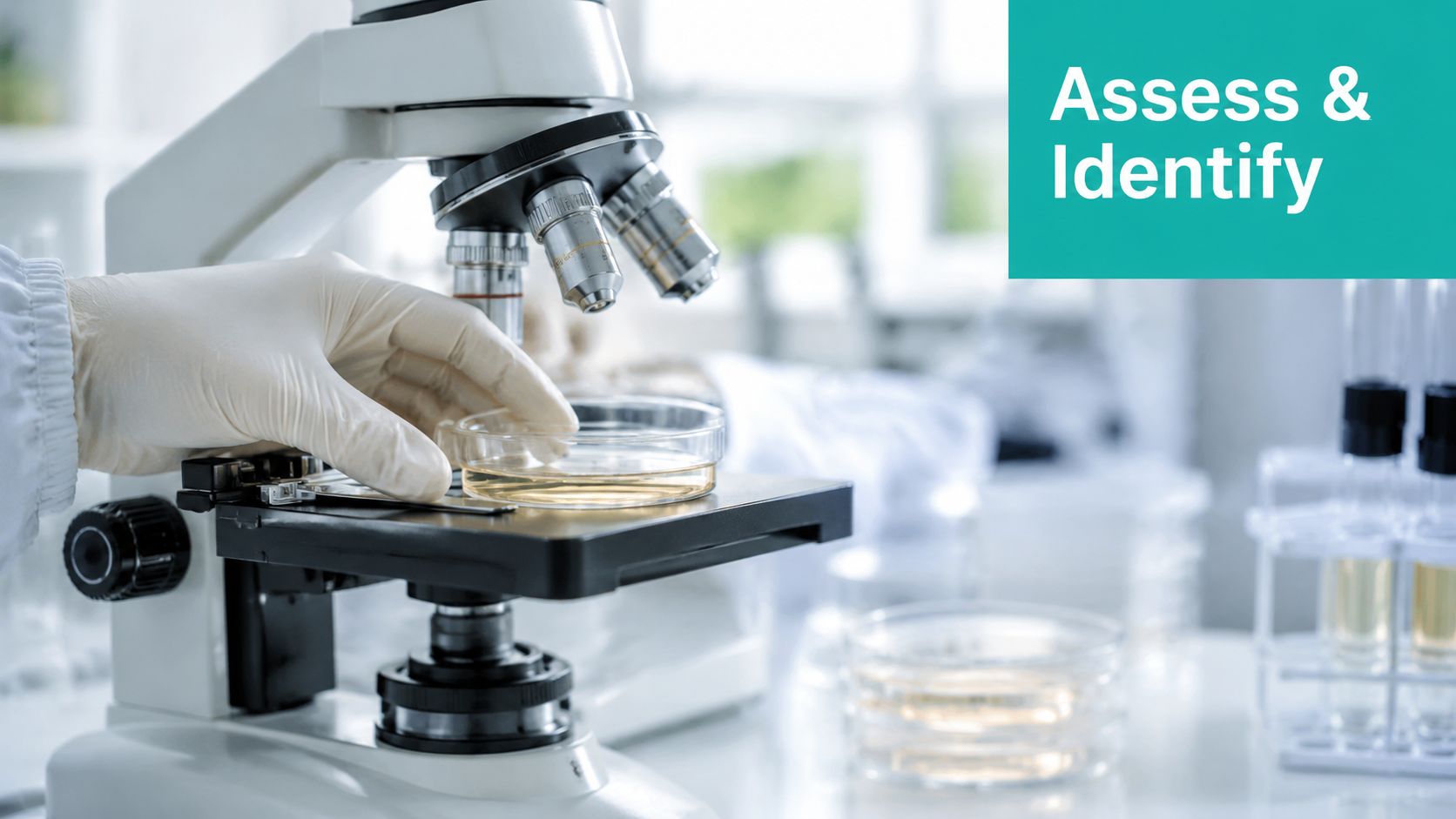 A scientist in gloves examines a sample in a petri dish under a laboratory microscope for analysis.