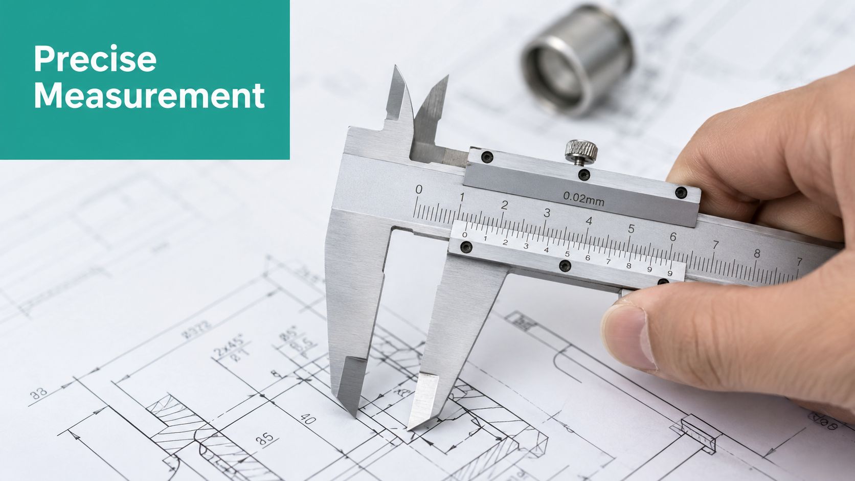 A hand using a vernier caliper to precisely measure details on a technical engineering blueprint drawing.