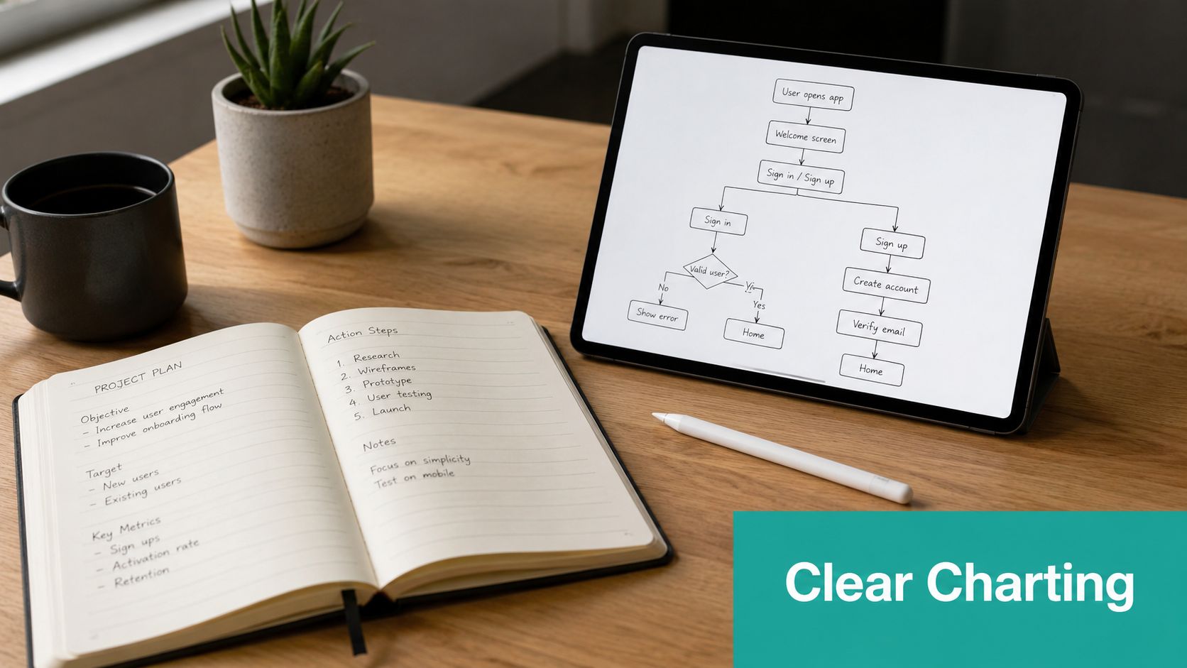 A tablet displaying a project workflow chart beside a notebook on a wooden office desk.