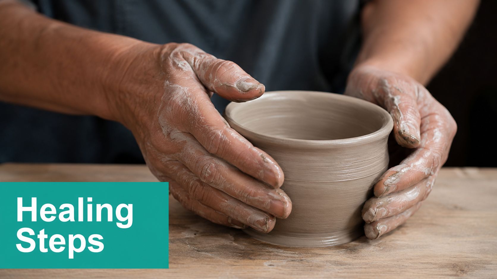 A close-up of a potter's hands shaping a clay bowl on a wooden surface.