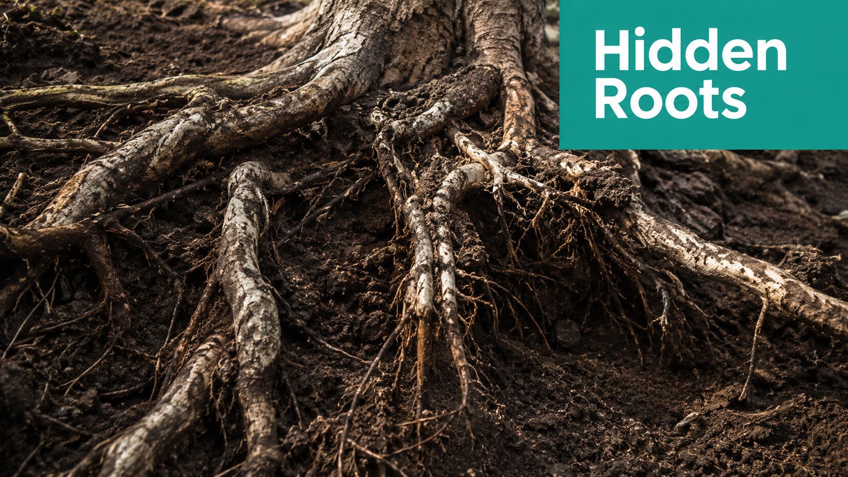 Exposed tree roots spreading across dark soil representing underlying health conditions like leg ulcers.