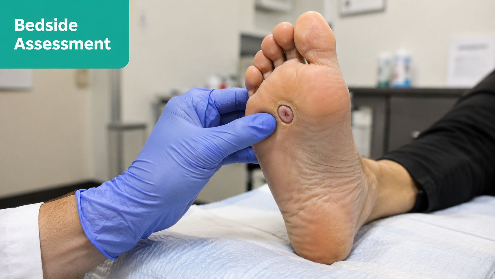 A gloved hand examining a small, circular lesion on the sole of a patient's foot.