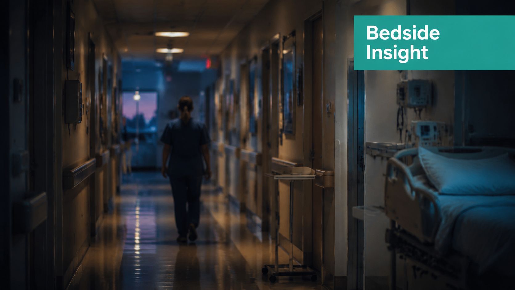 A silhouette of a healthcare worker walking down a dimly lit hospital corridor at night.