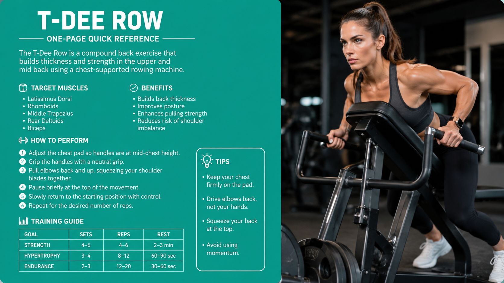 A woman performing a T-Dee row exercise on a chest-supported rowing machine at the gym.