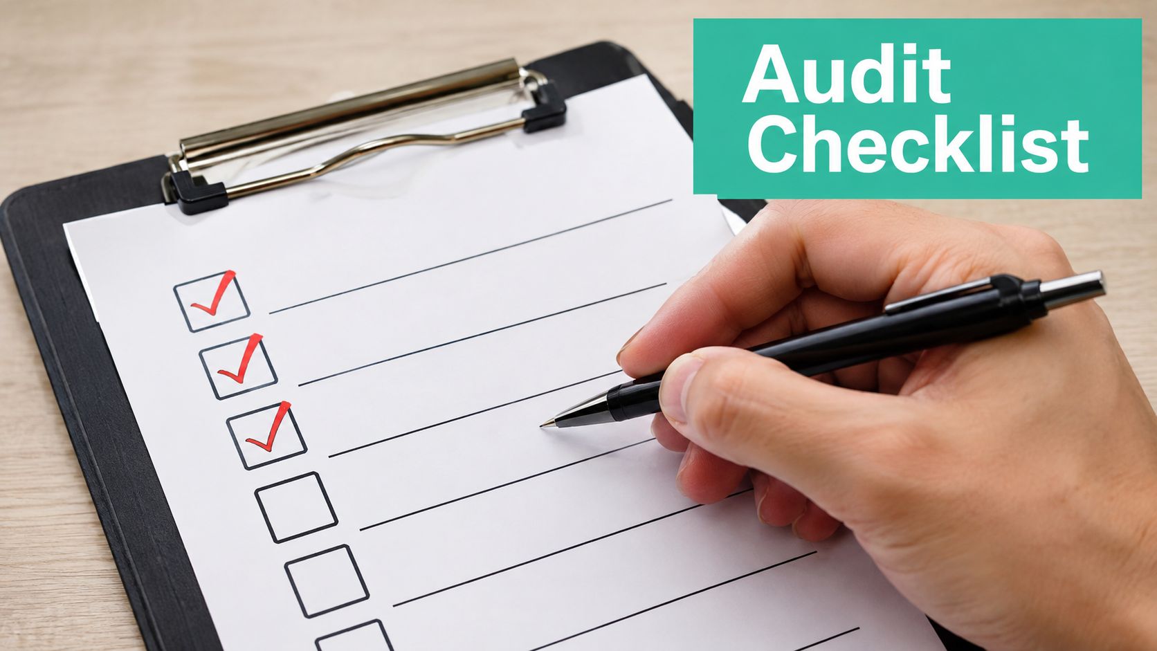 A person writing on an audit checklist document placed on a black clipboard on a wooden desk.