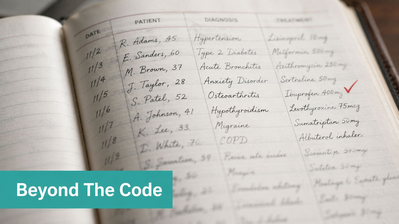 A handwritten medical journal log showing dates, patient names, ages, diagnoses, and prescribed treatments on a page.