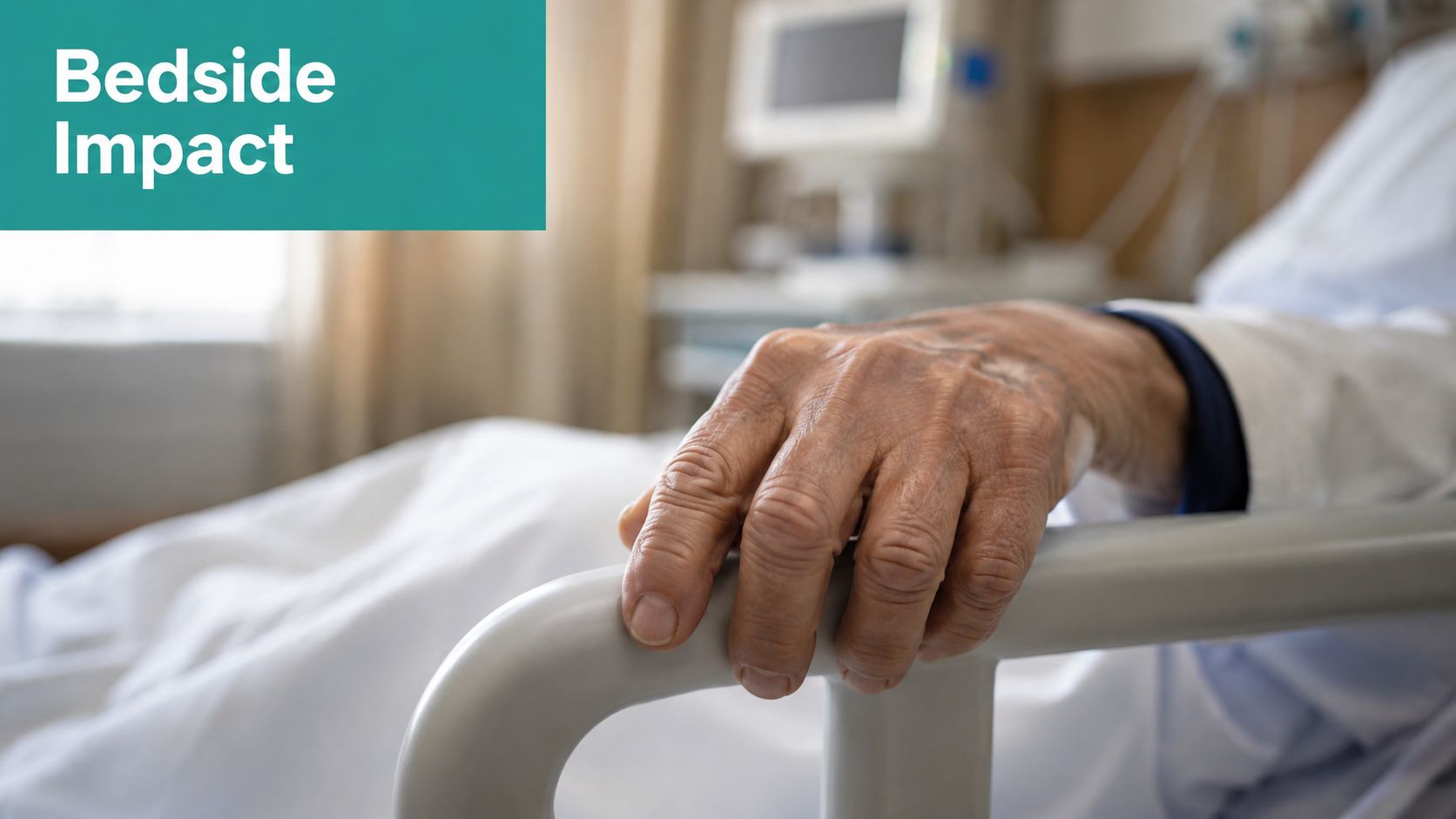 An elderly person's hand resting on a hospital bed rail in a patient room.