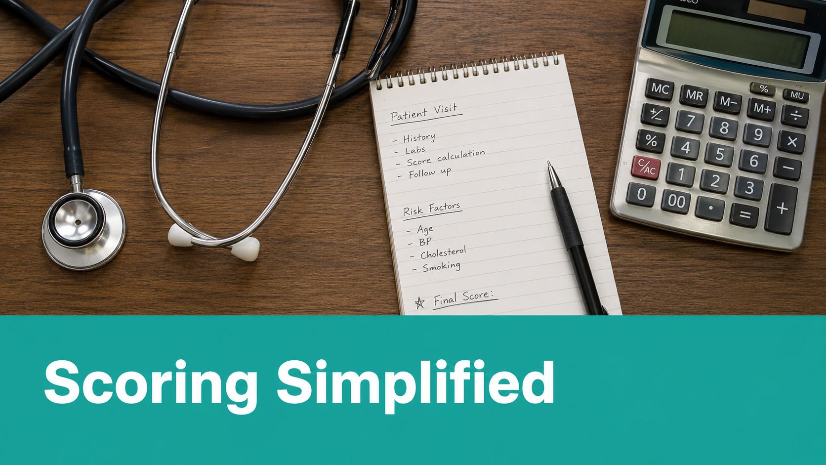 A notepad with a medical risk factor list, a stethoscope, and a calculator on a wooden desk.