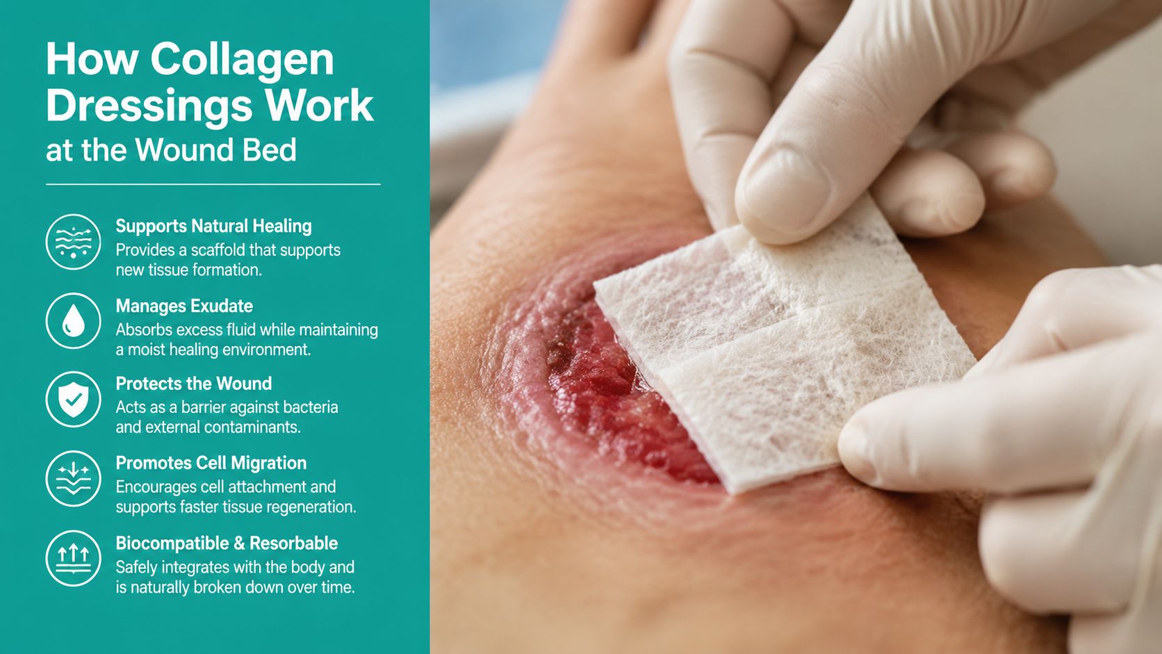 A gloved hand applying a collagen dressing to an open wound on a patient's leg for treatment.