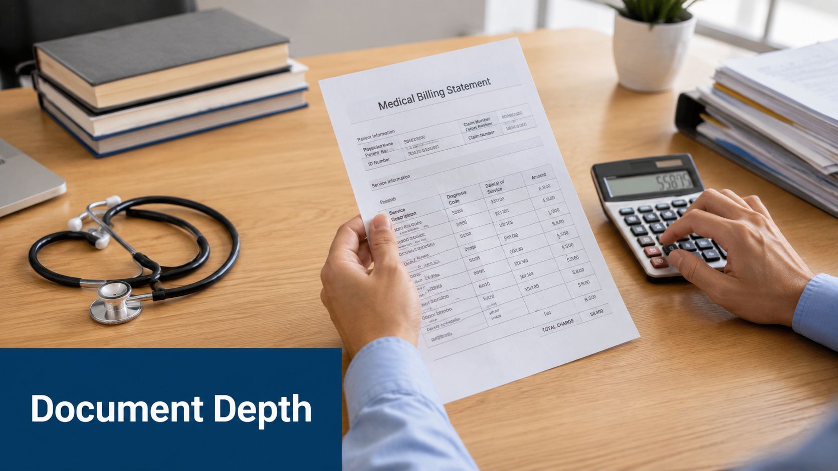A person holding a medical billing statement at a desk with a stethoscope and calculator.