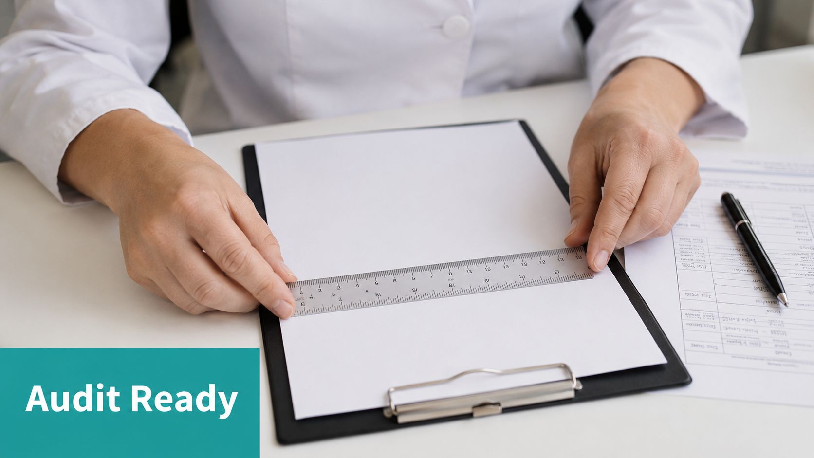 A medical professional in a lab coat measuring a blank document on a clipboard using a ruler.