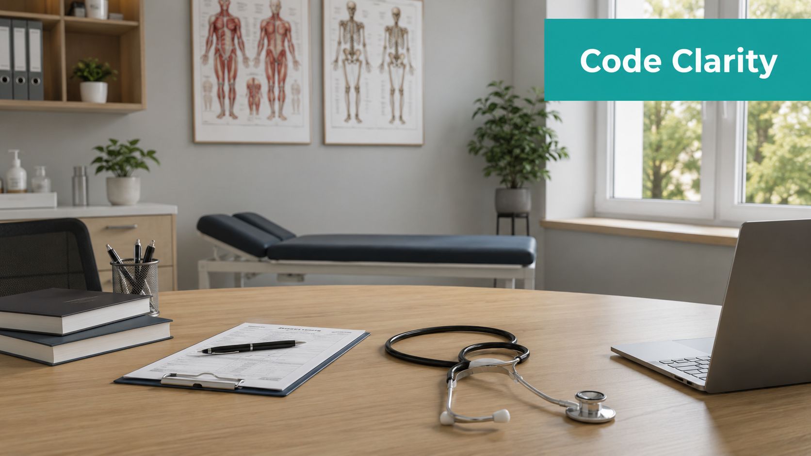 A professional doctor's office desk featuring a stethoscope, medical charts, and a laptop in a modern clinic.