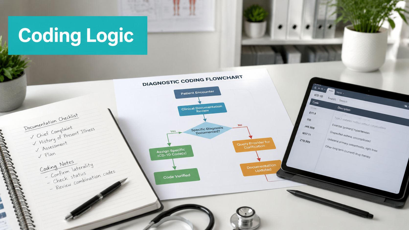 A diagnostic coding flowchart on a desk with a checklist, a tablet showing ICD-10 medical codes, and a stethoscope.