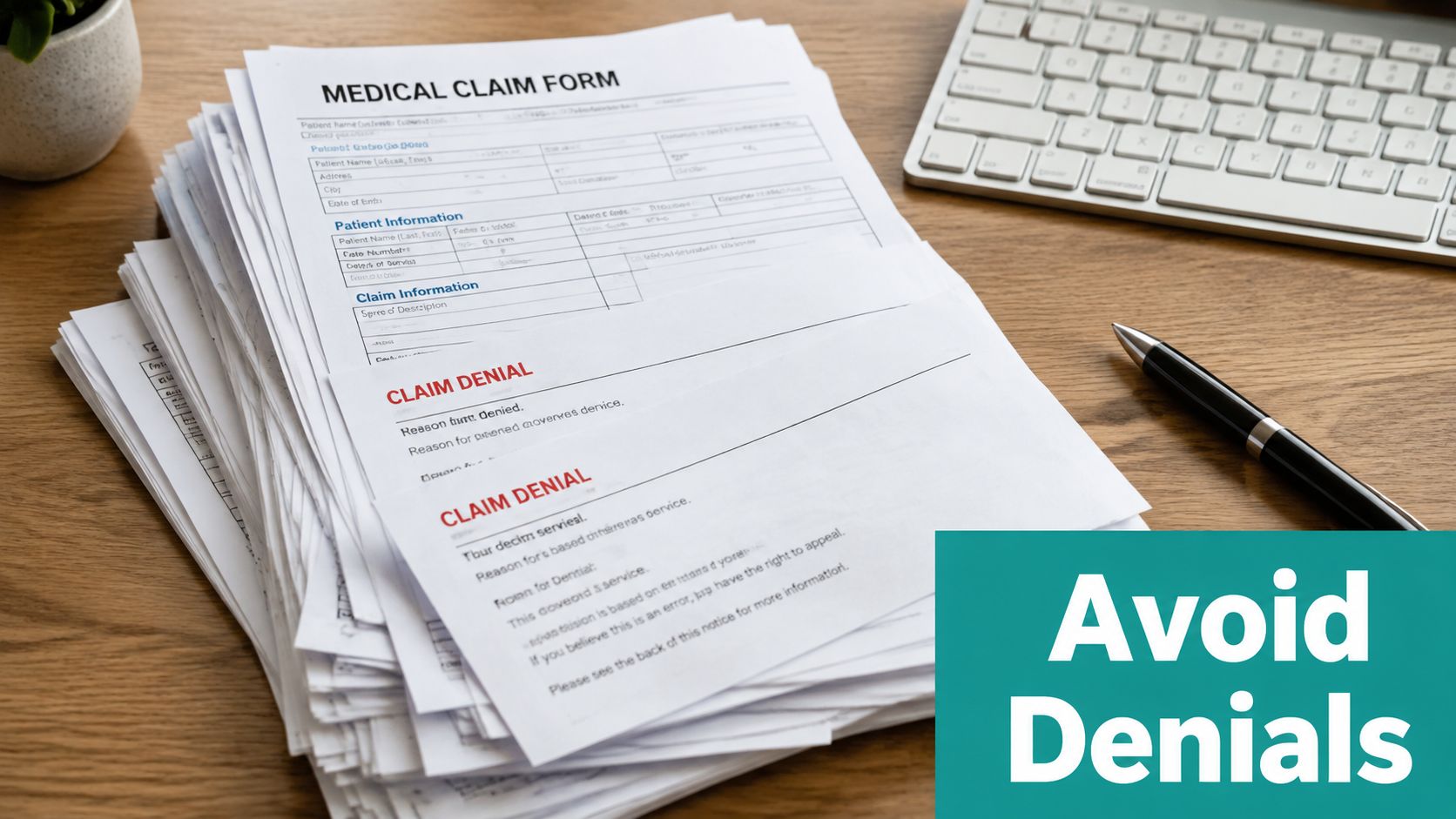 A stack of medical claim forms and claim denial letters on a wooden desk with a keyboard.