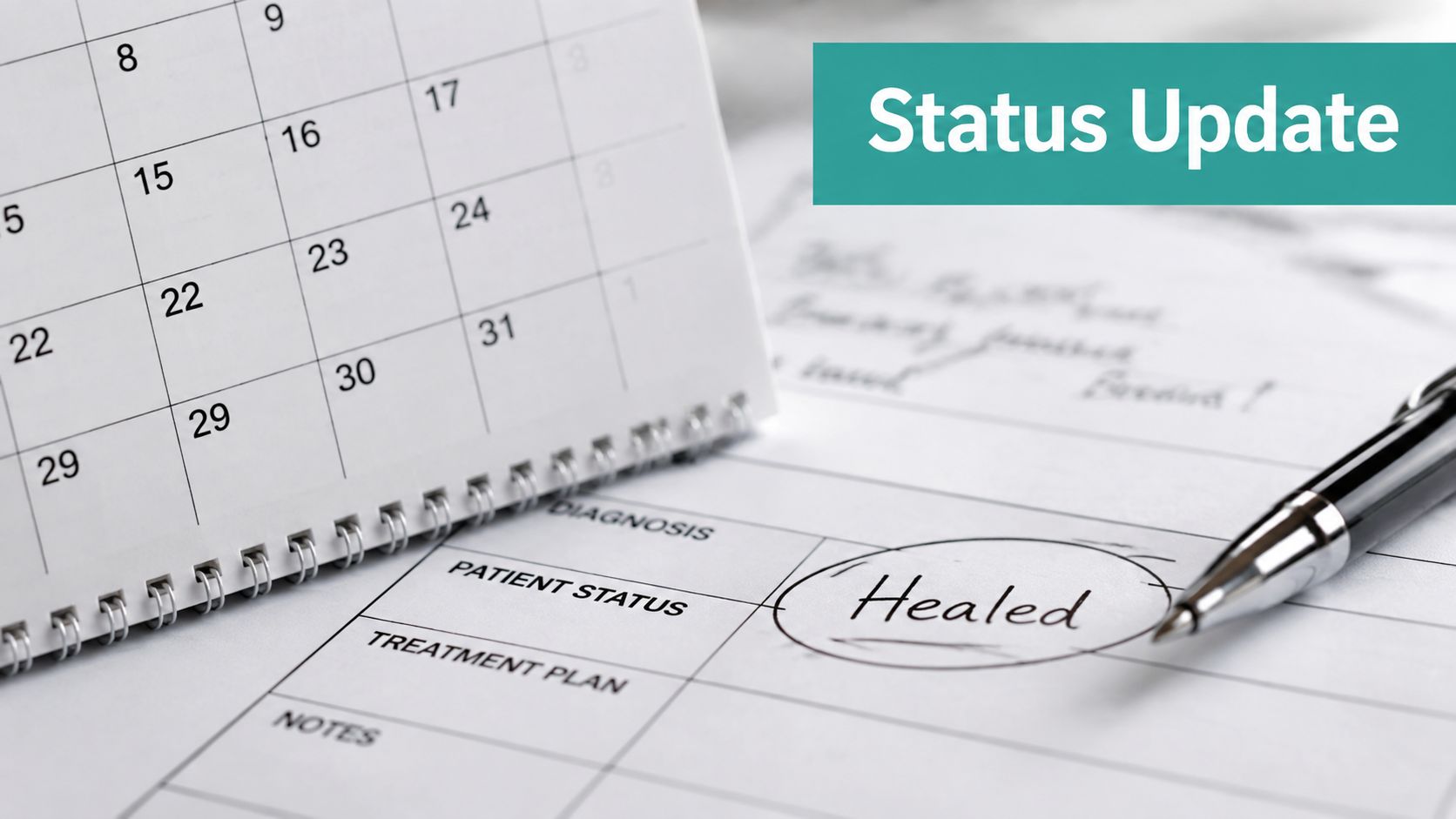 A medical form shows a patient status marked as healed next to a pen and a calendar.