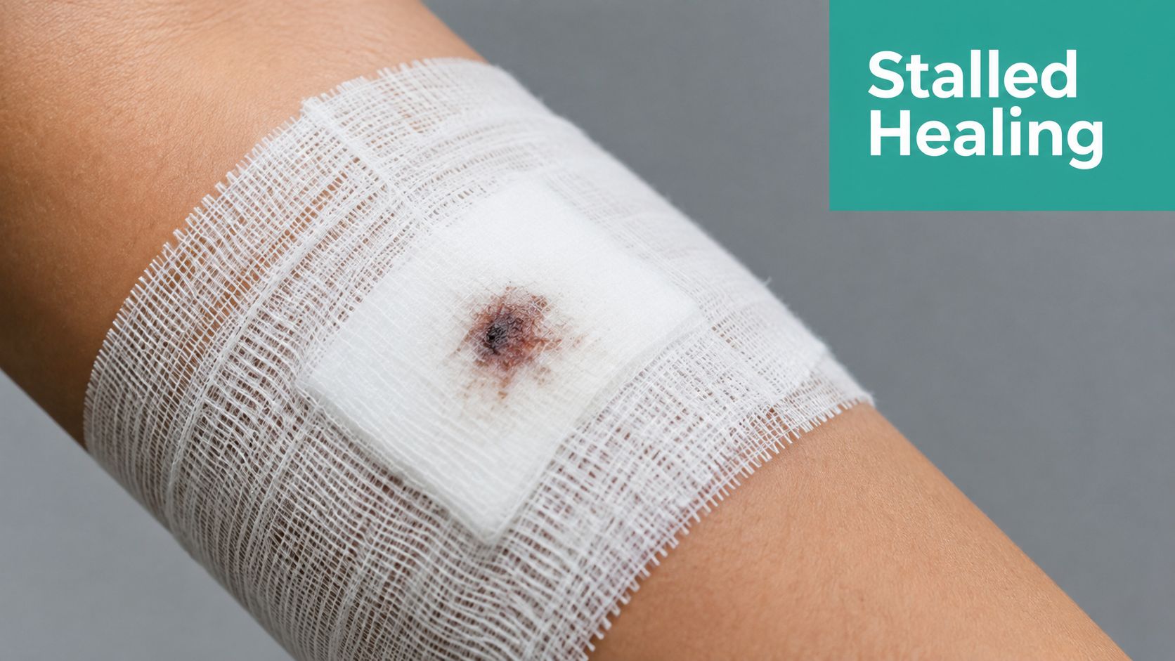 A close-up view of a person's arm wrapped with a white gauze bandage showing a blood stain.