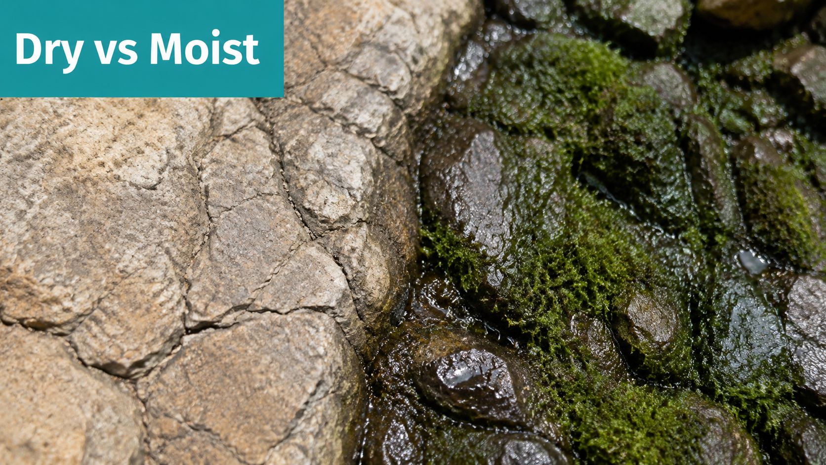 A split comparison showing dry, cracked earth on the left and wet, moss-covered rocks on the right.