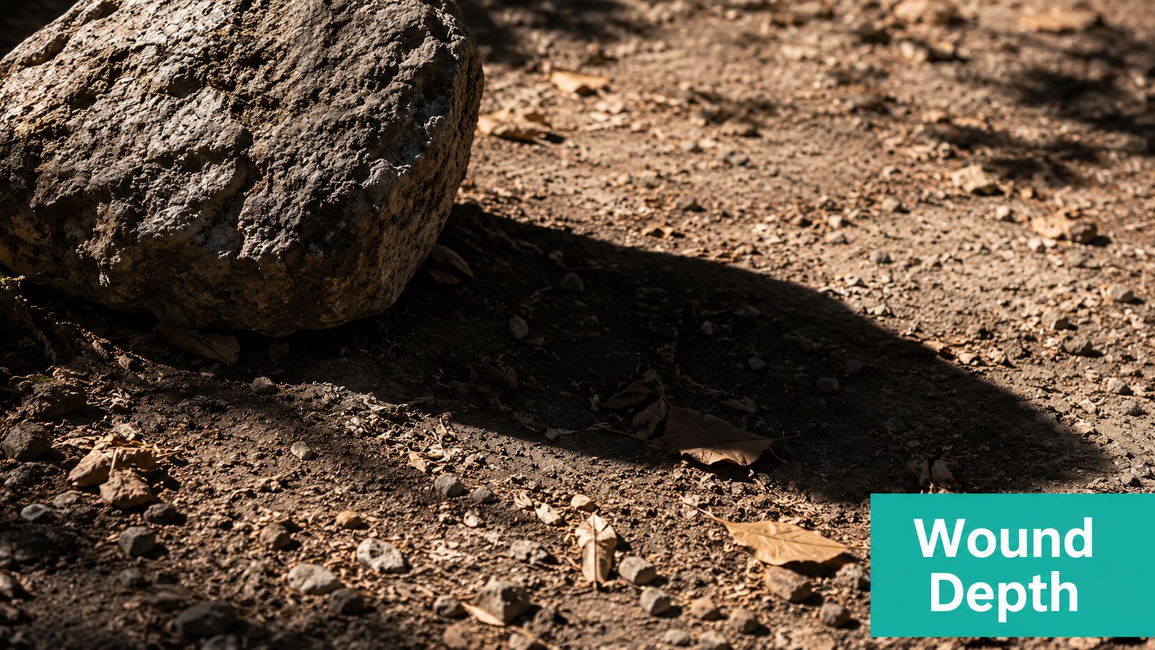 A large grey rock casting a long shadow over textured dirt ground covered in small stones and leaves.