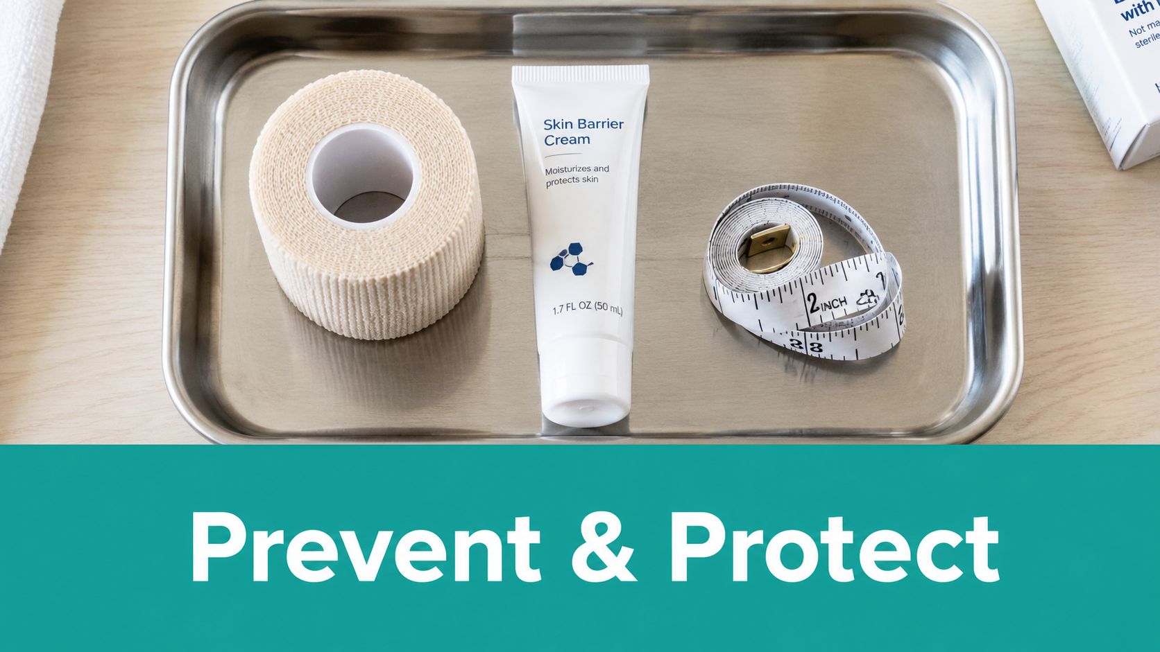 A stainless steel medical tray holding a roll of bandage, skin barrier cream, and a measuring tape.