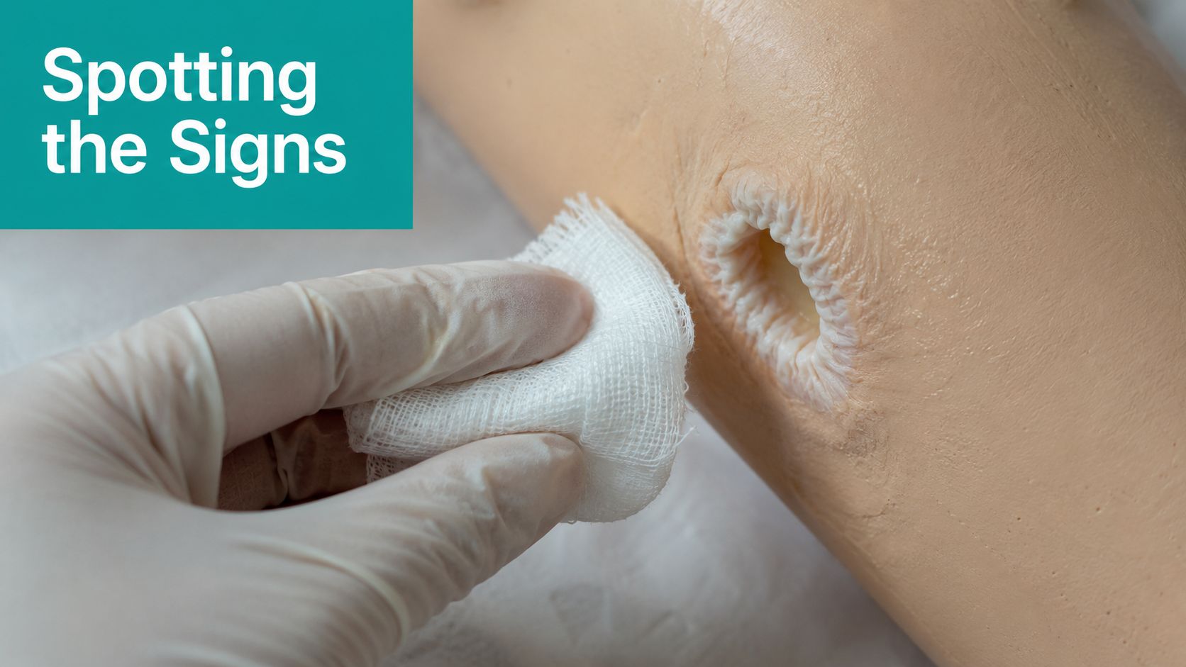 A gloved hand uses gauze to clean a simulated pressure ulcer or wound on a synthetic limb.