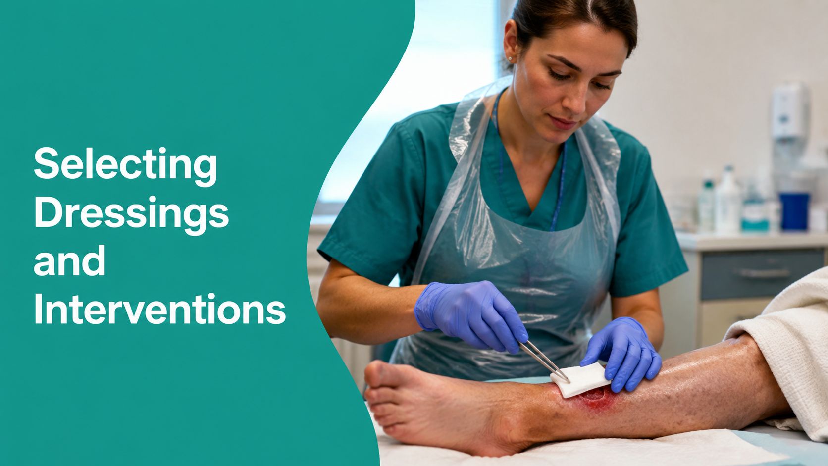 A healthcare professional in scrubs and gloves cleans a wound on a patient's lower leg.