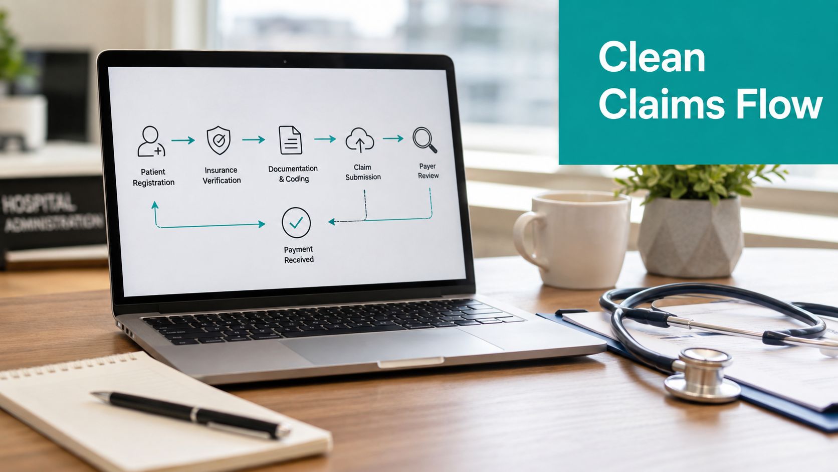 A laptop on a desk showing a medical clean claims flow infographic with stethoscope and notepad nearby.