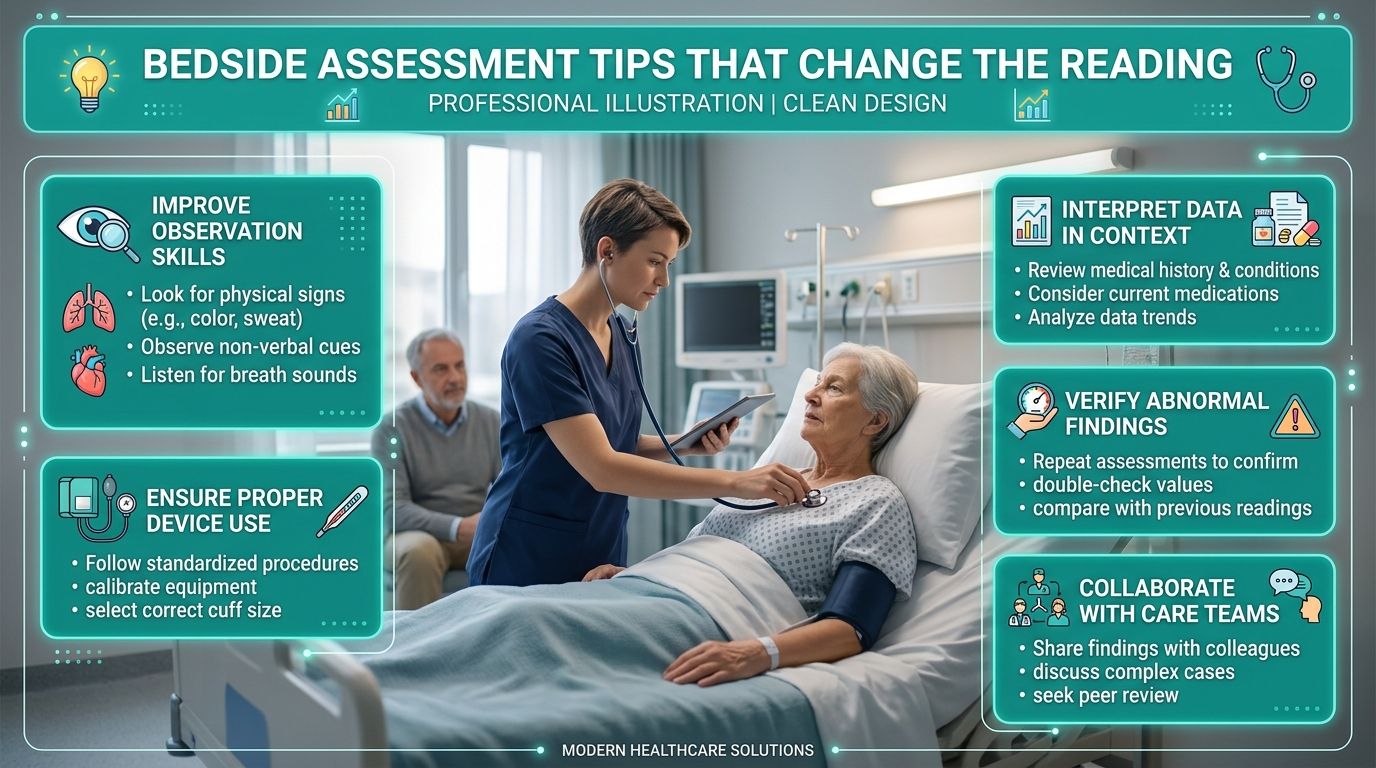 A professional infographic for healthcare providers detailing tips to improve bedside patient assessment and clinical accuracy.