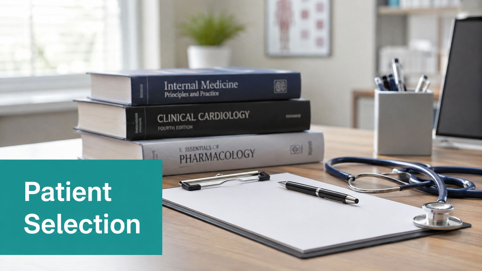 Medical textbooks, a stethoscope, and a clipboard on a desk, representing professional patient selection for clinical care.