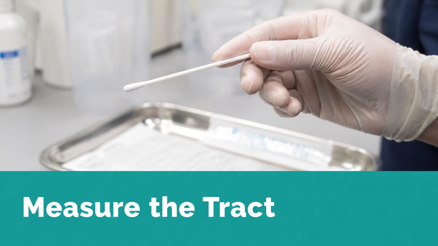 A gloved healthcare worker holding a sterile cotton swab above a medical tray for wound assessment.