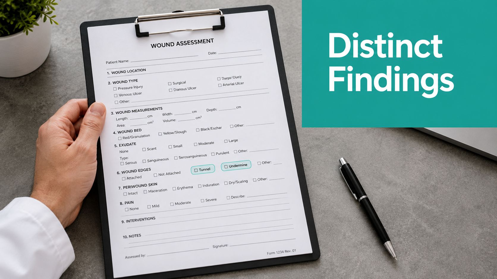 A hand holding a clipboard with a printed wound assessment form on a gray surface next to a pen.