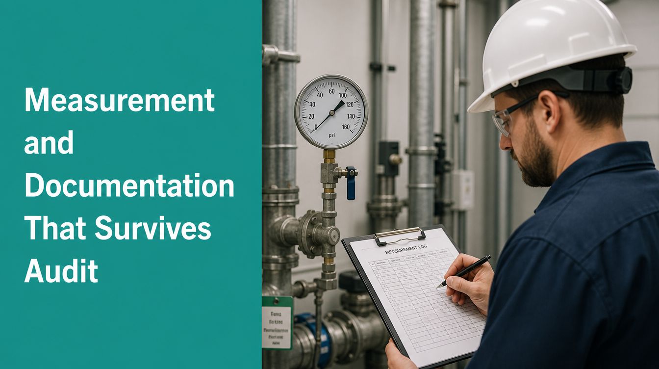 An industrial technician in protective gear recording pressure gauge data on a clipboard during an audit.