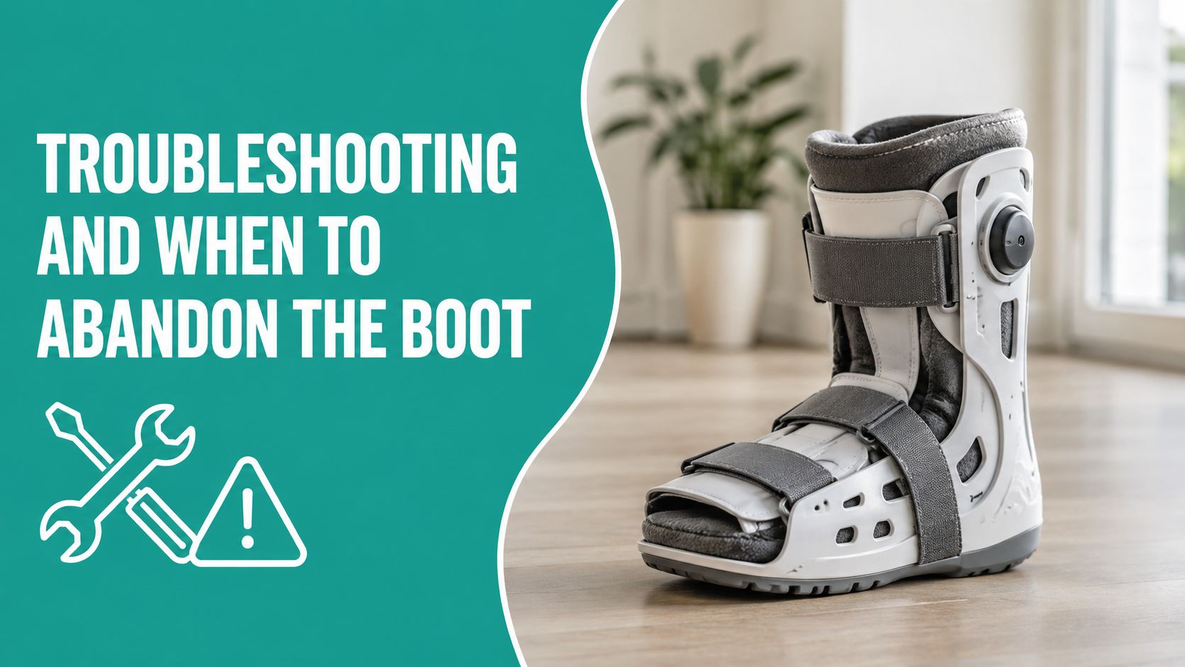 A white orthopedic medical walking boot sitting on a wooden floor, used for ankle and foot injuries.