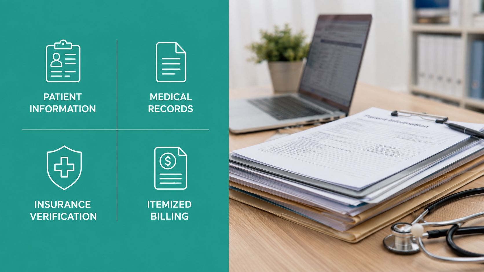 Medical office desk featuring patient information, medical records, insurance verification, and itemized billing service icons.