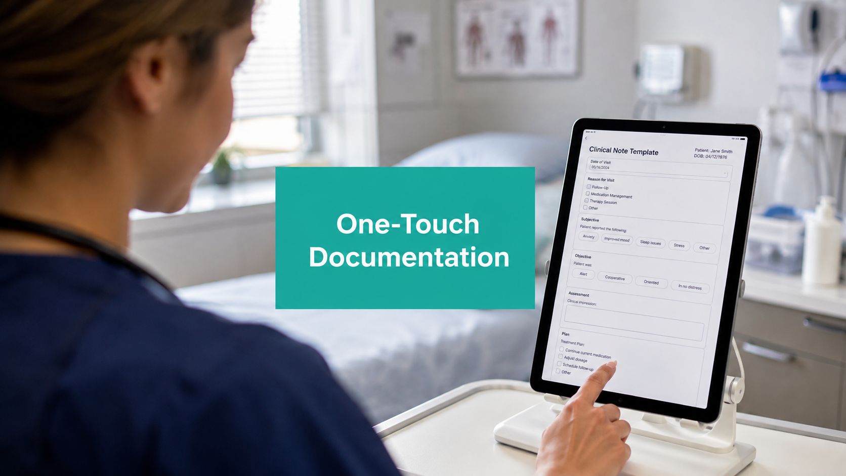 A healthcare professional using a tablet for clinical documentation in a bright, modern hospital room setting.
