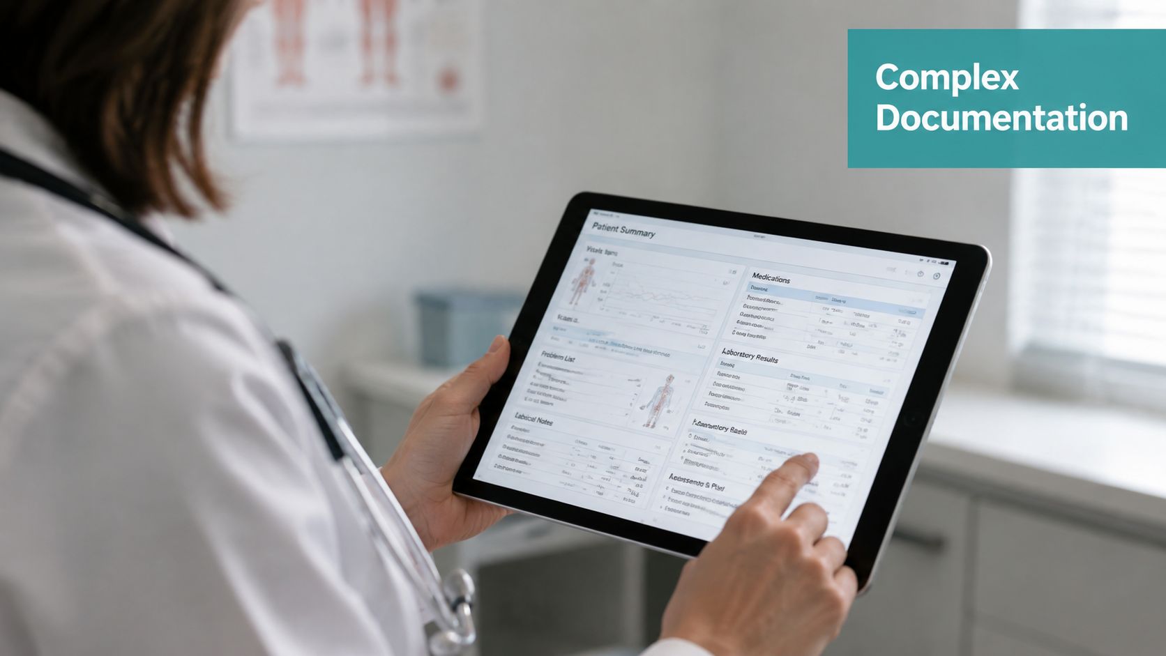 A female doctor in a lab coat holds a tablet displaying digital patient medical records in a clinic.